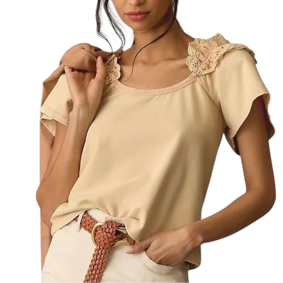 Pilcro Anthropologie Tan Eyelet Ruffle Blouse Womens L - Picture 1 of 10